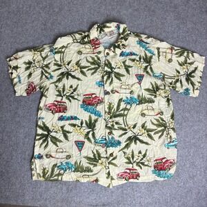 VTG Sand Dollar Sportswear Men's Large Hawaiian Shirt Cream Wagon Car Tropical